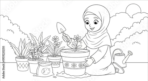 A young girl in a hijab planting flowers in a garden with a watering can and shovel