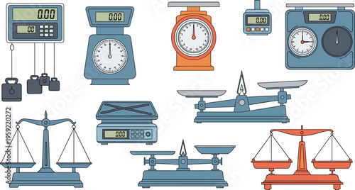 Weighing Scales and Balance Measurement Devices Vector Set with Digital and Mechanical Scales for Weight Control Laboratory Equipment and Industrial Design