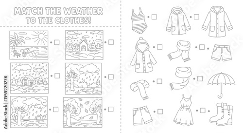 A vector graphic illustration of a weather and clothing matching activity for kids