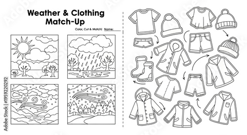 A vector graphic illustrating a weather and clothing match-up activity for kids