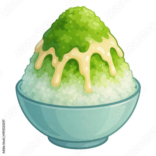 Japanese Matcha Green Tea Shaved Ice with Condensed Milk in Light Blue Bowl, isolated transparent background