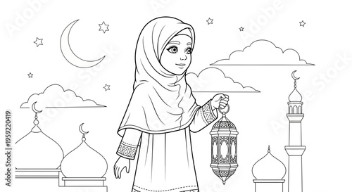 A black and white illustration of a young girl wearing a hijab holding a lantern in front of a mosque during Ramadan.