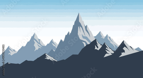 A minimalist vector graphic illustration of a mountain range with a blue sky