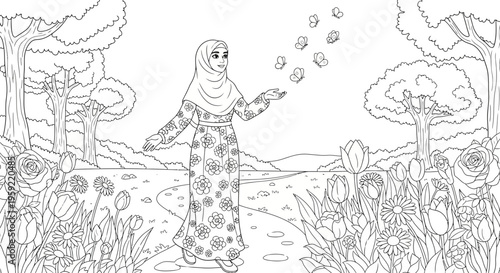 A serene illustration of a woman in a hijab standing in a garden, surrounded by flowers and trees.