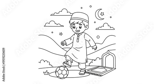 A vector illustration of a smiling Muslim boy playing soccer with a Quran nearby under a starry night sky