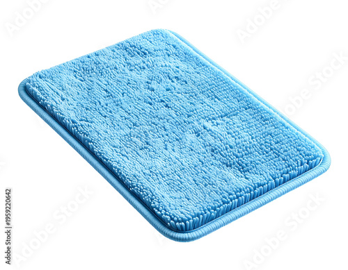 A plush, textured light blue rectangular bath mat lies flat, featuring a raised, ribbed edge
