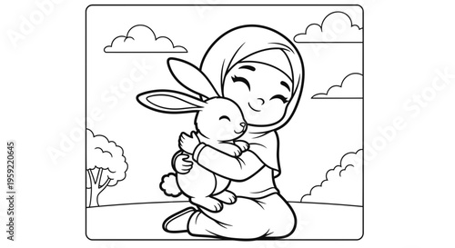 A heartwarming illustration of a smiling girl in a hijab hugging a cute rabbit in a serene outdoor setting.