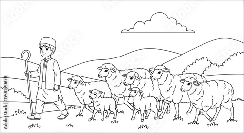 A shepherd leads his flock of sheep through a rural landscape in a simple line art illustration