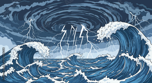 A dramatic vector illustration of a stormy sea with lightning and a whirlpool in the background