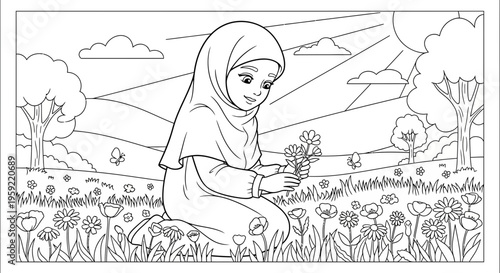 A serene illustration of a young girl in a hijab sitting in a field of flowers