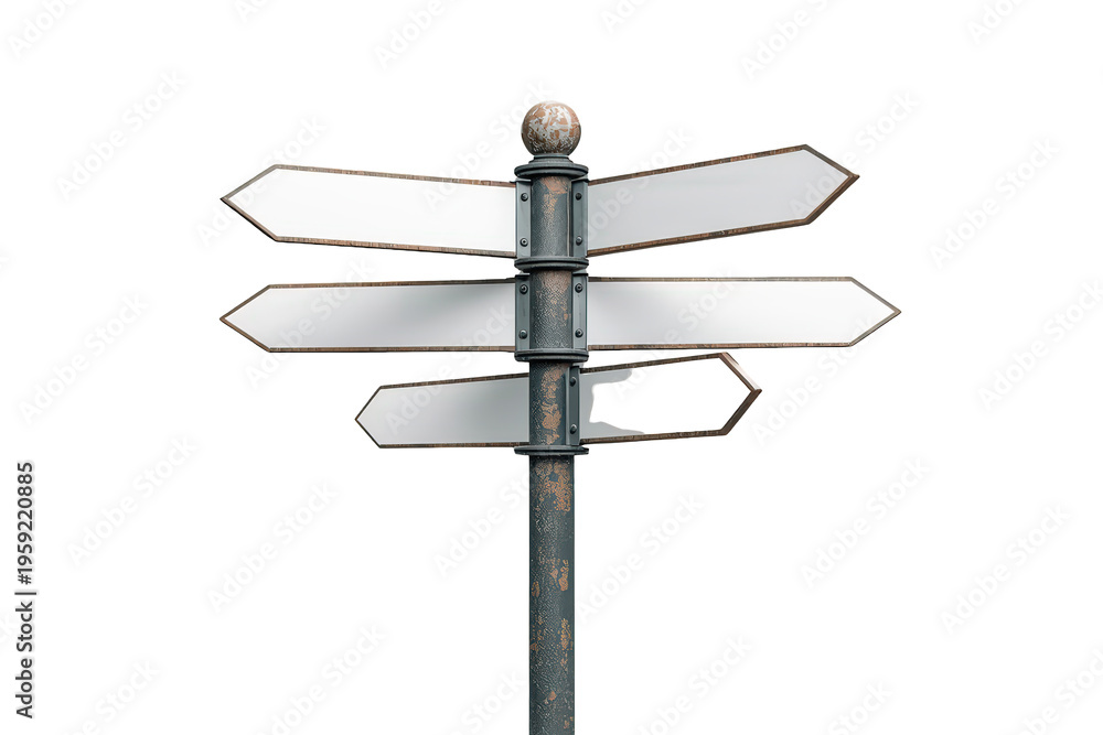 Obraz premium Old rusty signpost providing multiple blank arrows inviting decision making about future directions and choices