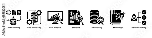 Data Strategy web banner icon vector illustration featuring Data Gathering,Data Processing,Data Analysis,Statistics,Data Quality,Knowledge,and Decision Making