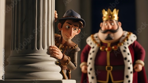 A mischievous jester peeks around a column, observing a regal king adorned in a crown and royal attire