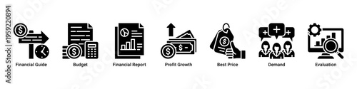 Financial Insight web banner icon vector illustration featuring Financial Guide,Budget,Financial Report,Profit Growth,Best Price,Demand,and Evaluation