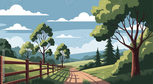 A serene rural landscape with a dirt road and wooden fence under a blue sky with fluffy clouds