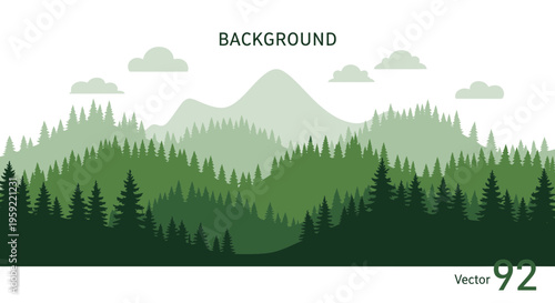 A serene forest landscape with mountains in the background, depicted in a minimalist vector graphic style.