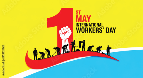 International Workers Day vector illustration featuring silhouettes of laborers and raised fist symbol on a yellow and blue background for May 1st labor day celebration.