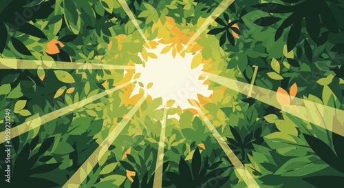 A vibrant vector illustration of sunlight shining through lush green leaves in a forest