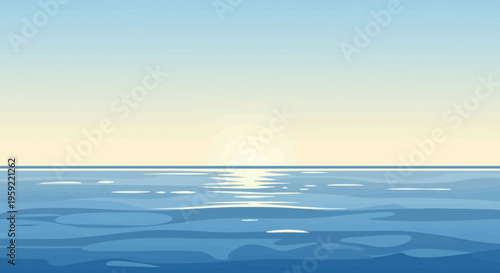 A serene ocean vector illustration with a calm sea and a bright sun shining in the distance.