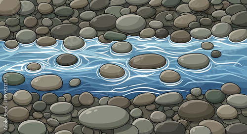 A serene vector illustration of a small stream flowing over smooth rocks