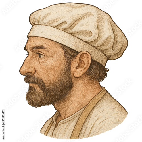 Vintage Hand-Drawn Portrait of a Bearded Medieval Chef with Hat Isolated on Transparent Background