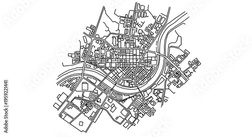 Abstract line drawing depicting a dense urban city layout with winding roads