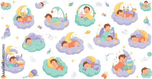 Cute Baby Dream Scenes Vector Set with Sleeping Infant Characters on Clouds, Moon Stars Fantasy Illustration for Nursery Design, Bedtime Story Kids Graphics.