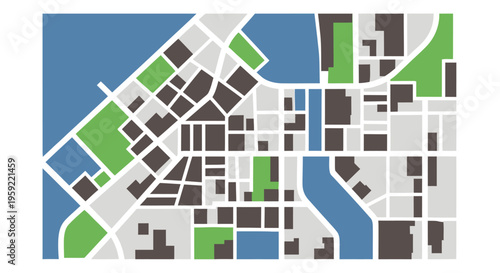 Abstract city map illustration with blue waterways and green spaces