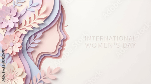 International Women's Day, paper cutout profile, floral design, pastel colors, vector illustration