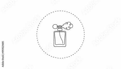 Minimalist perfume bottle illustration with a spray cloud, dotted circle outline