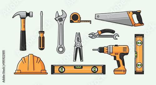 A set of construction tools and equipment in a flat vector illustration style