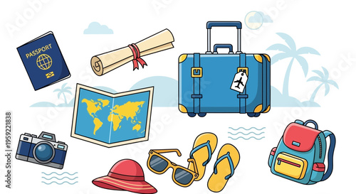 A colorful vector graphic illustration of travel icons and accessories on a white background