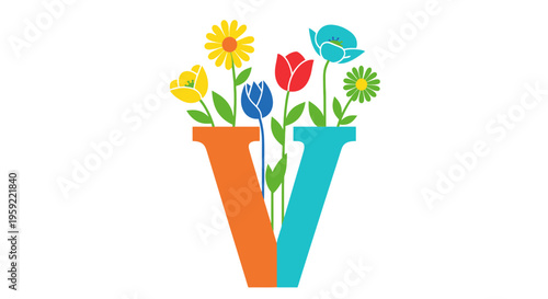 A colorful vector graphic illustration of a stylized letter V made of two vases with vibrant flowers