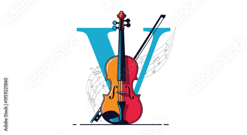 A colorful vector graphic of a violin and bow in front of a large letter V with musical notes