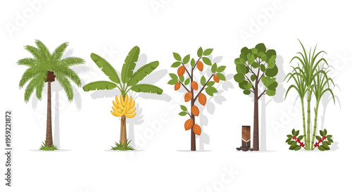 Flat vector set of tropical agricultural trees and commodity crops on white background