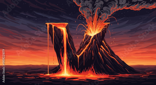 A vibrant vector illustration of a volcanic eruption at sunset with lava flowing into the ocean