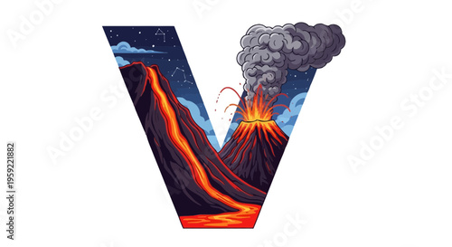 A vector graphic illustration of the letter V with a volcanic eruption design