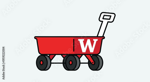 A red wagon with a white letter W on the side, depicted in a simple and colorful vector graphic style.