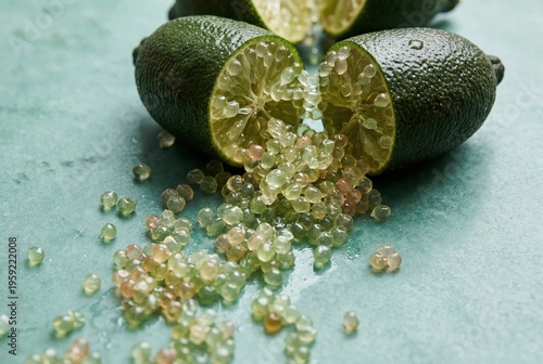 Freshly cut limes oozing translucent spheres of caviar like interior against a smooth teal background embodying the essence of culinary artistry and innovative gastronomy