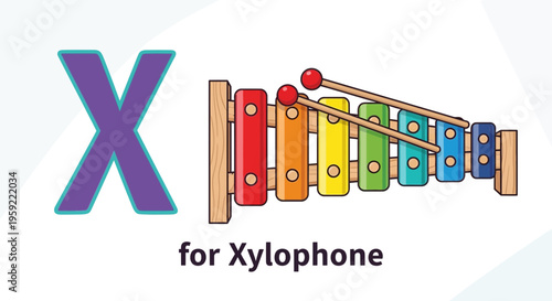 A colorful illustration of a xylophone with a large purple letter X and text for Xylophone