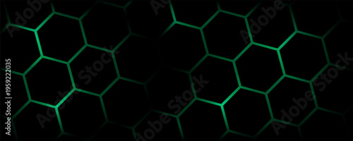 Dark green hexagonal grids glowing against an abstract background, sleek neon highlights and subtle ambient light, minimal circuit accents and scattered data nodes