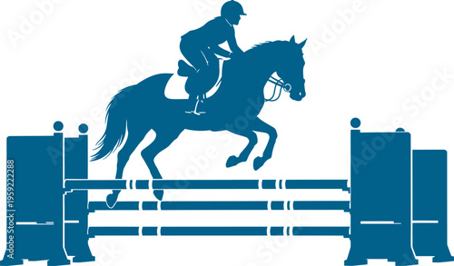 Equestrian athlete jumping over a hurdle on horseback
