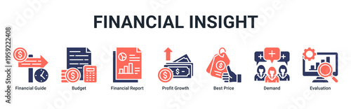 Financial Insight web banner icon vector illustration featuring Financial Guide,Budget,Financial Report,Profit Growth,Best Price,Demand,and Evaluation