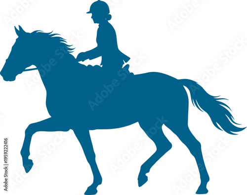 Horsewoman riding a trotting horse with a flowing mane