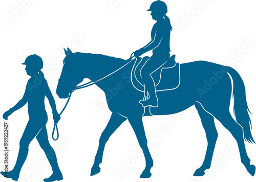 Instructor leading child on pony for riding lesson