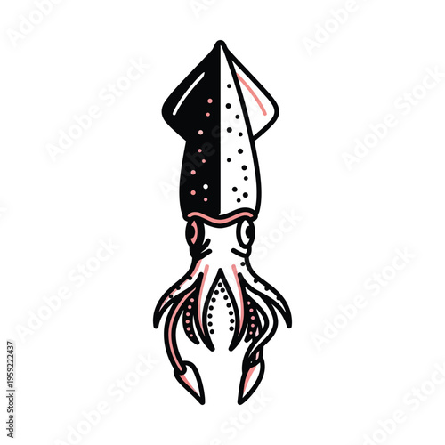 Stylized black and white squid illustration with subtle pink accents on a plain background.
