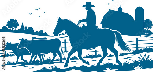 Rancher herding cattle on horseback near a farm barn