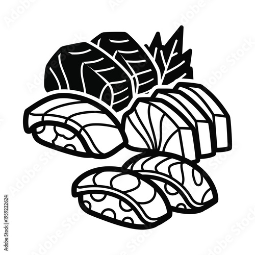 Black and white illustration of a variety of Japanese sushi and sashimi pieces, including nigiri and raw fish slices, served with a decorative leaf.