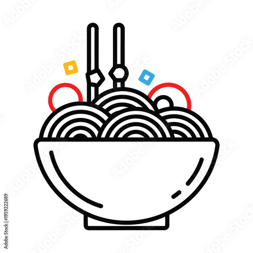 Line art icon of a bowl of noodles with chopsticks, featuring simple colorful accents and a minimalist design.
