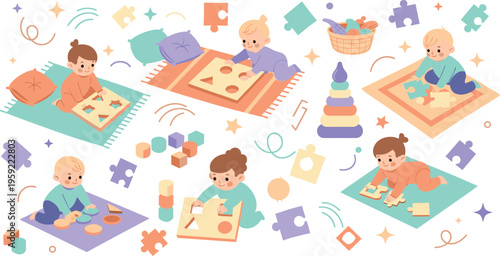 Cute Baby Playing Puzzle and Educational Toys Vector Set with Infant Learning Activities, Blocks Shapes Sorting Game Illustration for Kids Development and Nursery Design.